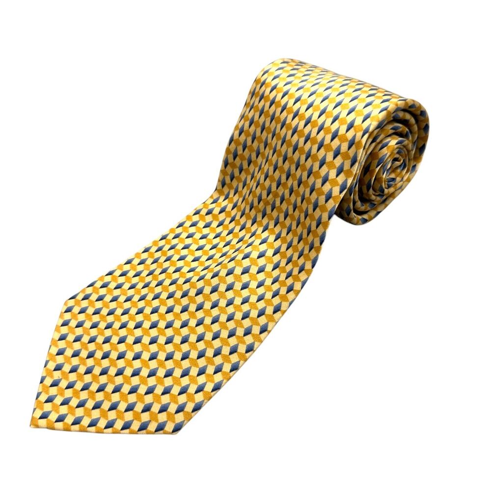 Bill Blass Vintage 100% Silk Dress Tie Yellow‎ Geometric Weave Pattern 60" 3.75"